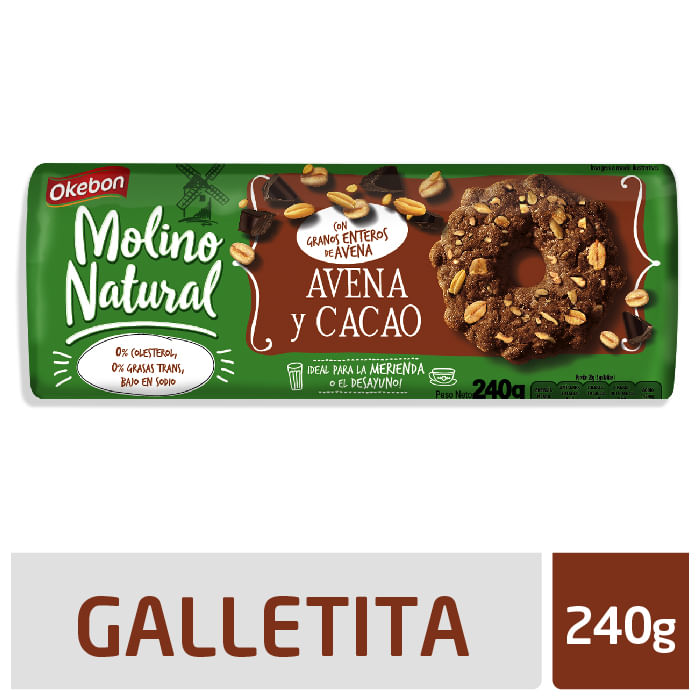 Galletitas Saludables Molino Natural Avena Y Cacao X 236 Gr