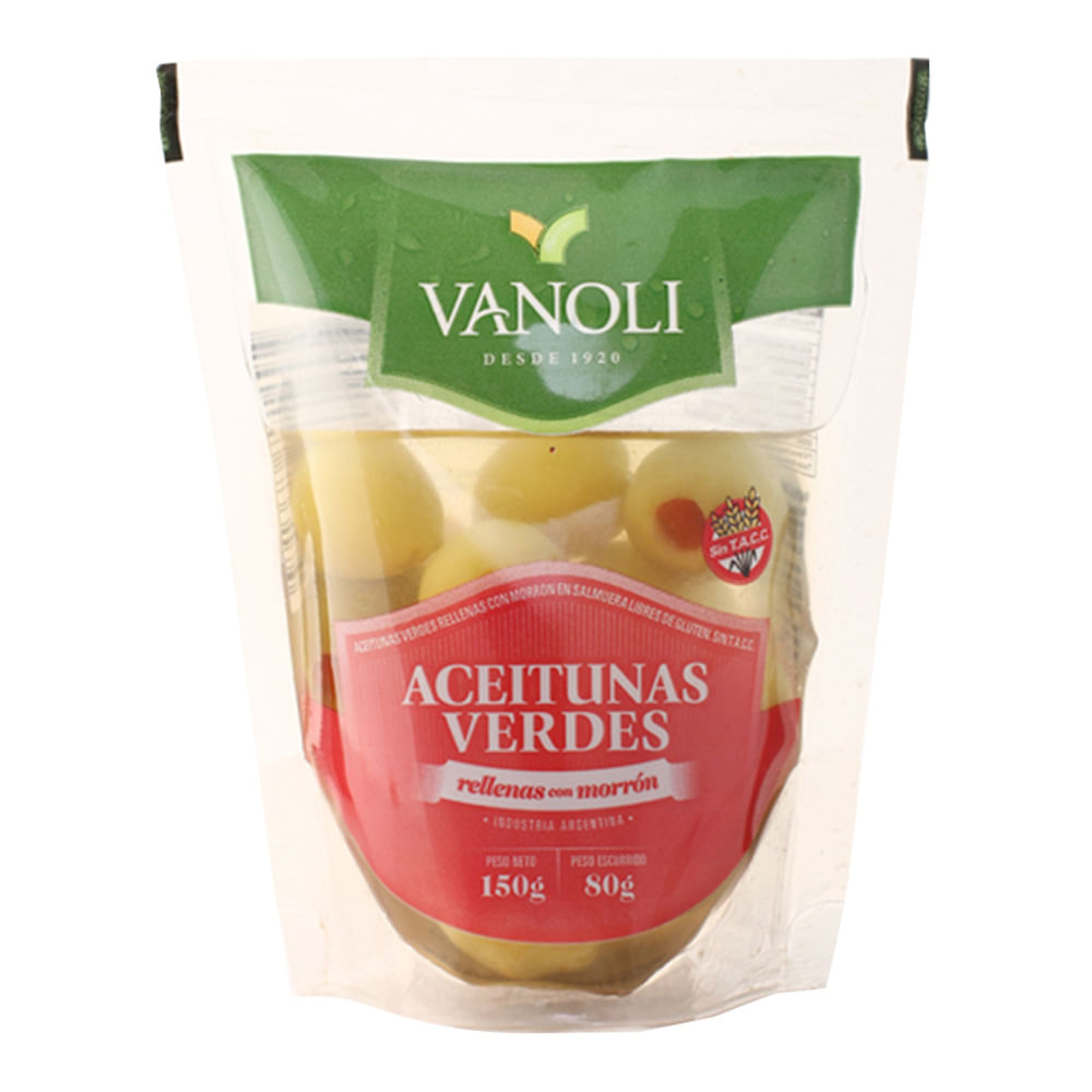 Aceitunas Verdes Rellenas con Morron Vanoli 150 Gr